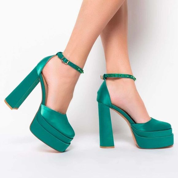 NEW Azalea Wang Teal Studded Closed Toe Platforms Size 9 - Picture 4 of 14